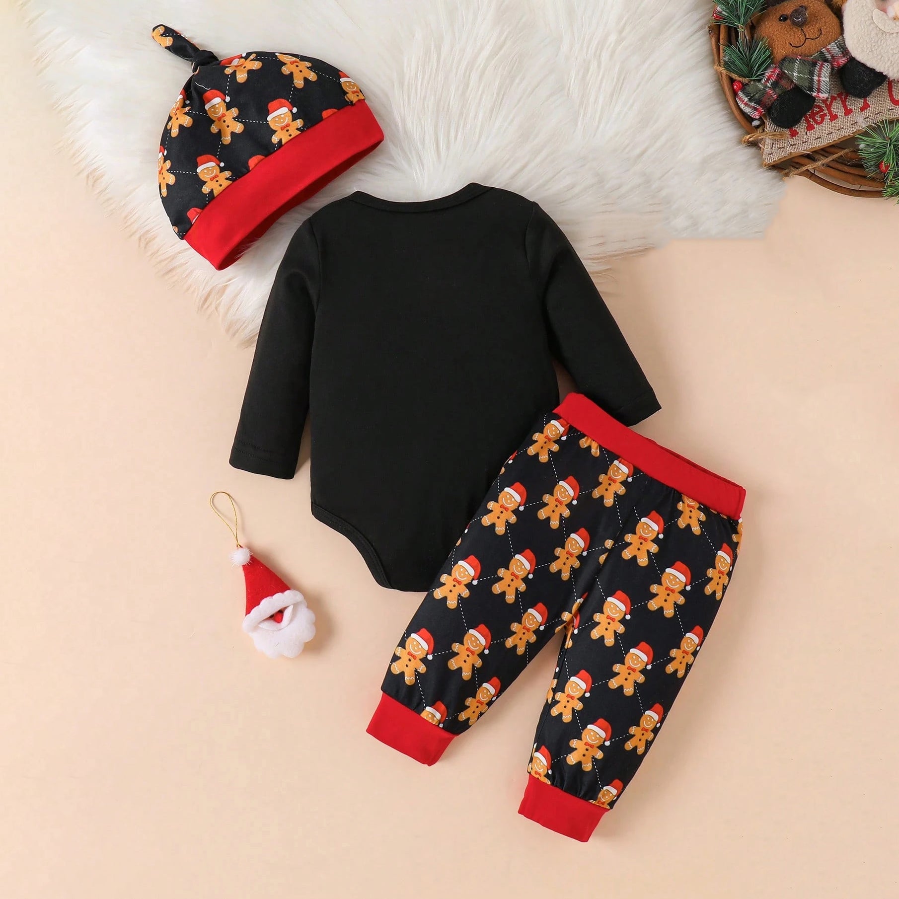 3PCS Merry Christmas Gingerbread Printed Long Sleeve Baby Set