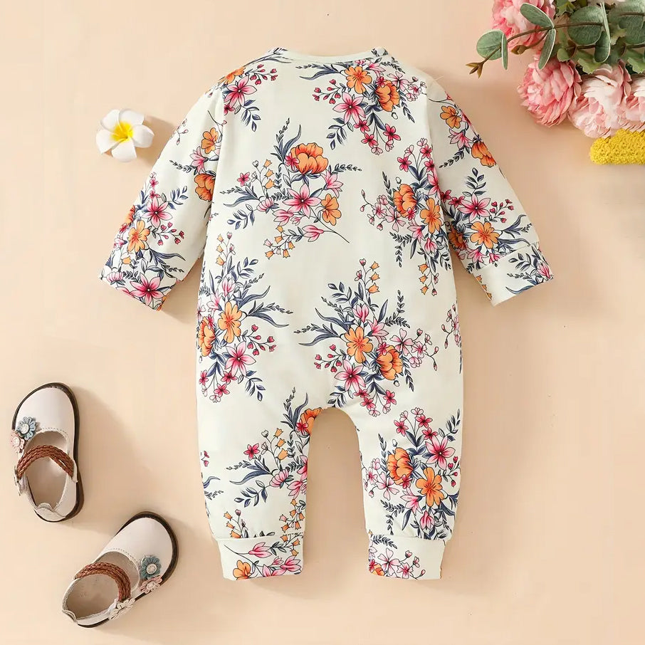 Stylish Floral Printed Ruffle Decor Long Sleeve Baby Jumpsuit