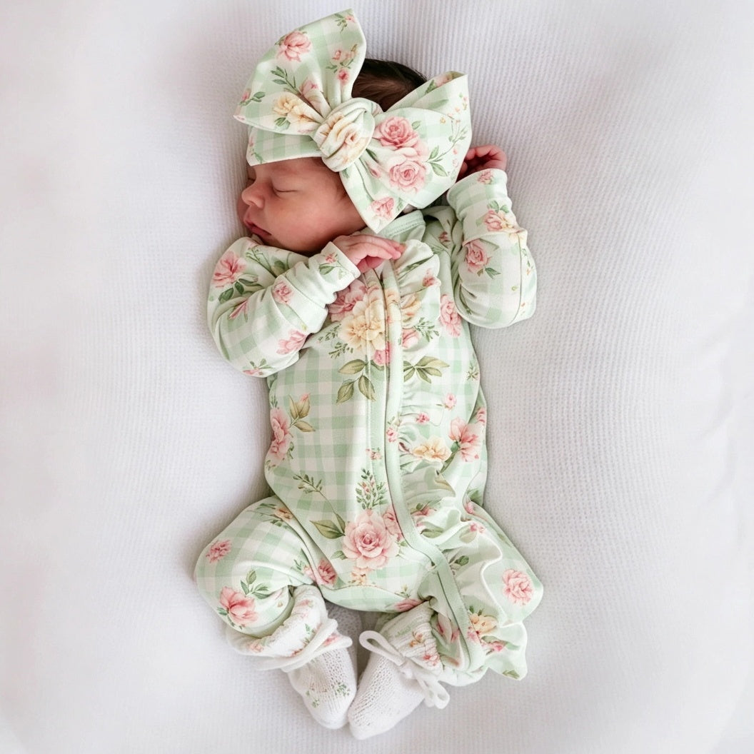 2PCS Lovely Floral Plaid Print Long Sleeve Zipper Baby Girl Jumpsuit