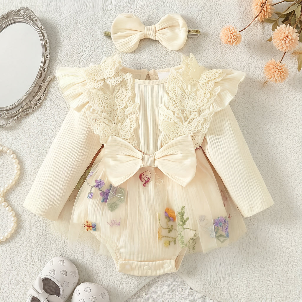 2PCS Pretty Floral Embroidery Long Sleeve Baby Romper