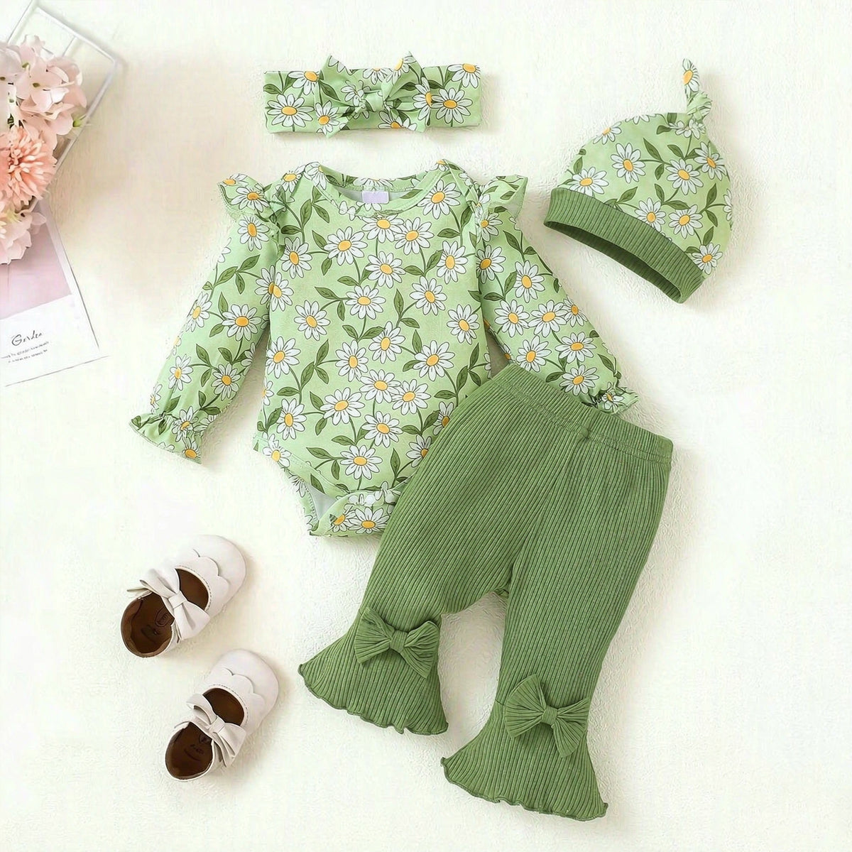 4PCS Lively Daisy Print Bow Long Sleeve Baby Girl Set