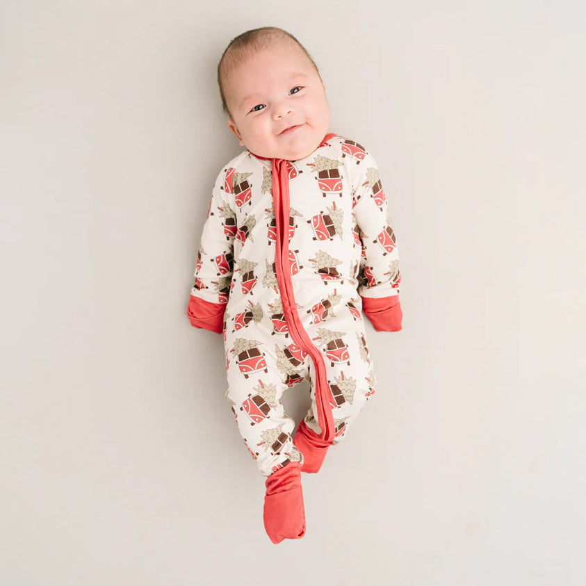 Cute Christmas Car and Tree Printed Long Sleeve Zipper Baby Jumpsuit