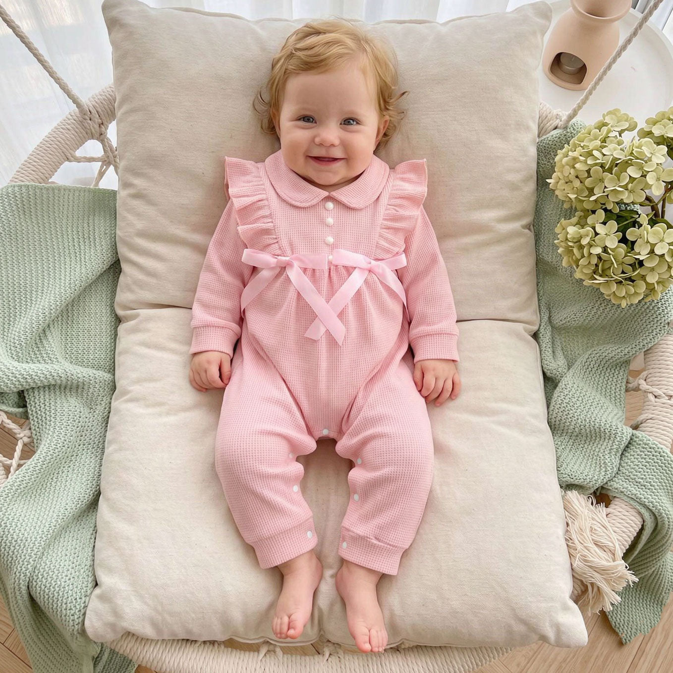 Sweet Solid Color Long Sleeve Bowknot Baby Girl Jumpsuit