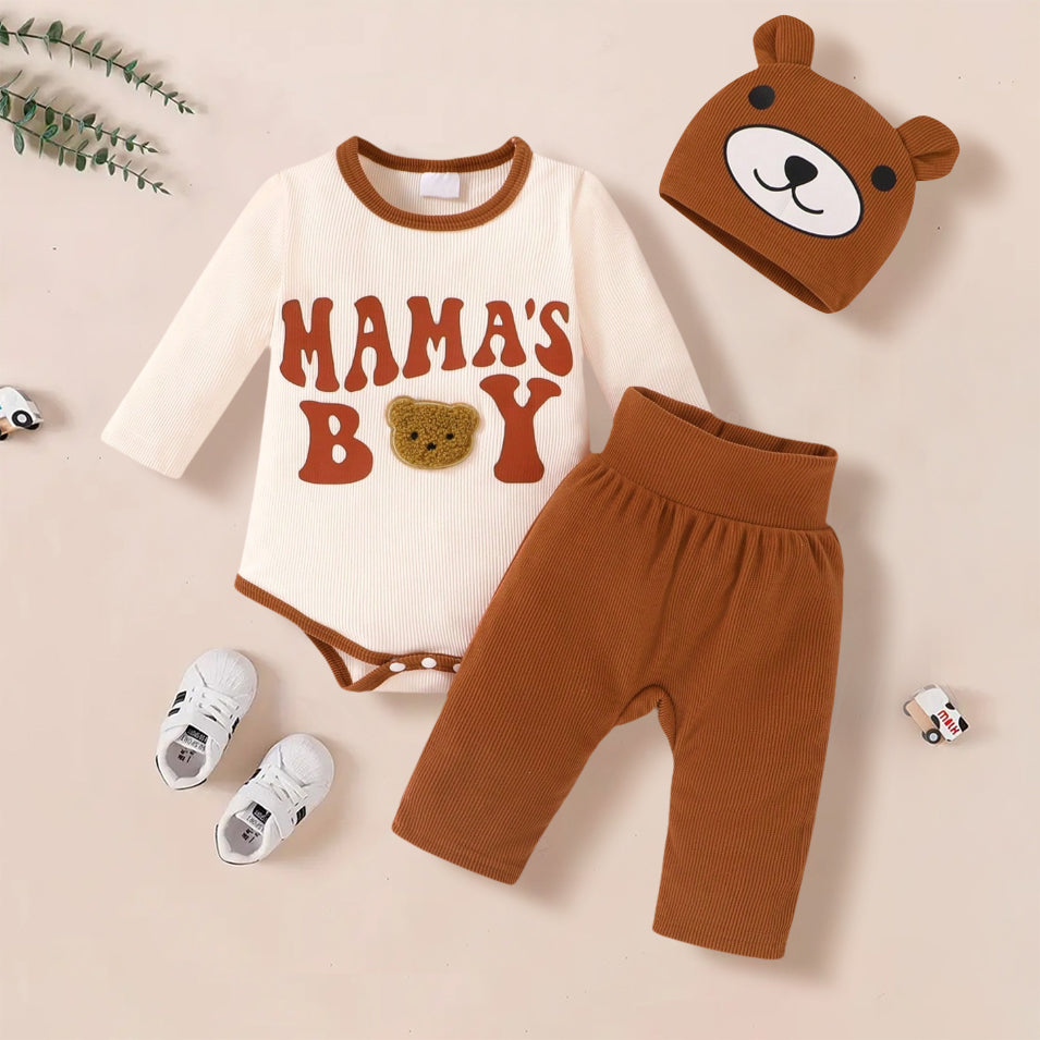 3PCS Mama's Boy Letter 3D Bear Print Long Sleeve Baby Set
