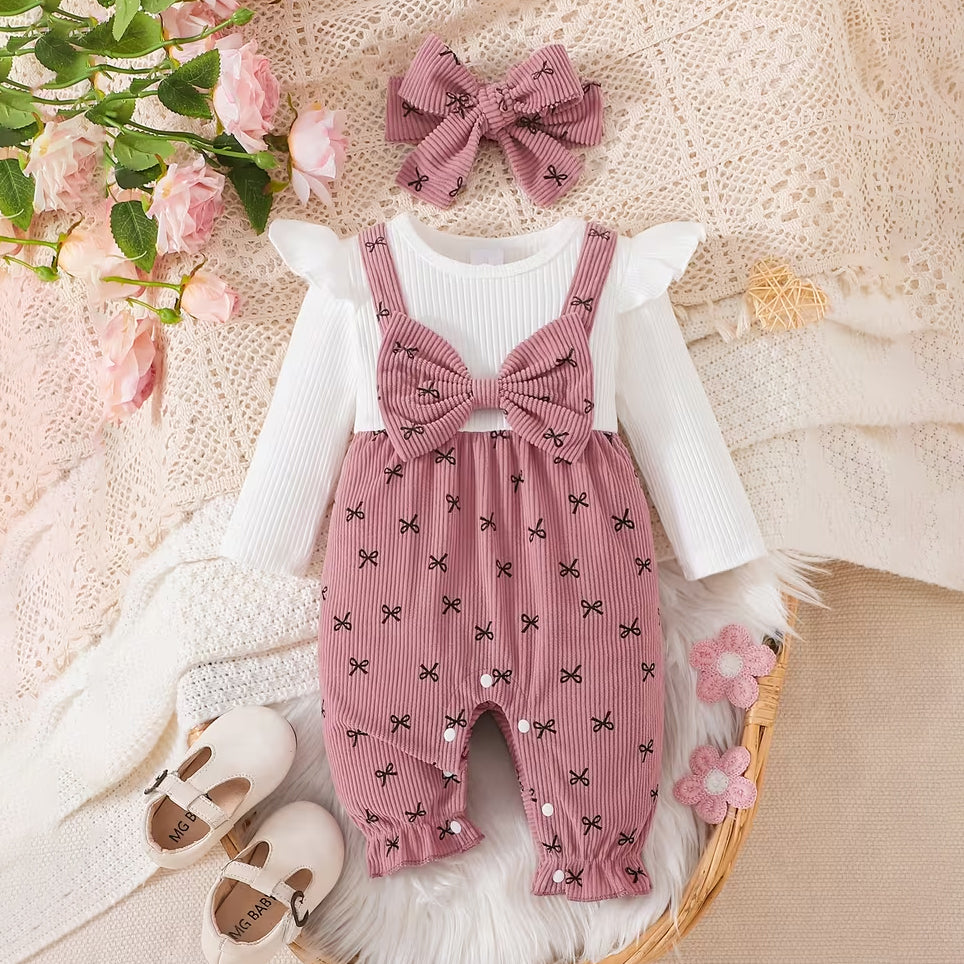 2PCS Sweet Faux Two Piece Bow Print Baby Girl Corduroy Jumpsuit