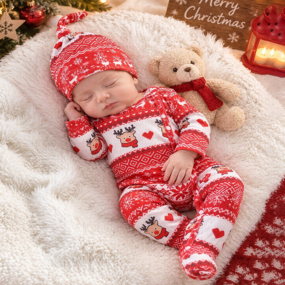 2PCS Cute Reindeer Snowflake Print Long Sleeve Baby Jumpsuit