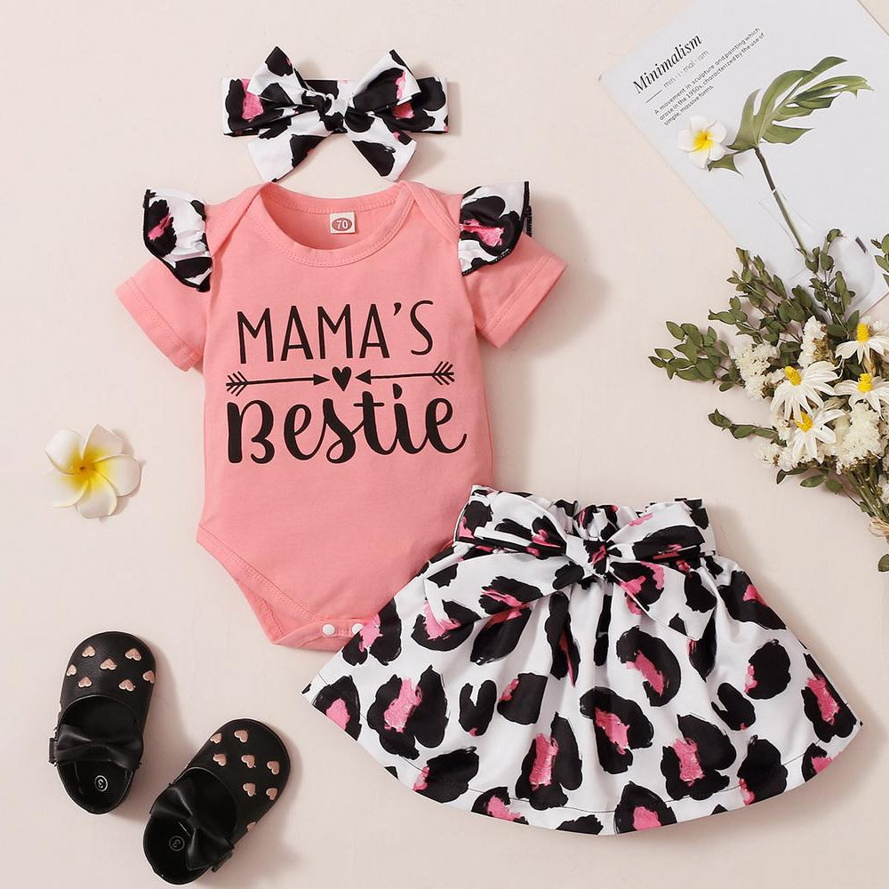 3PCS Mama's Bestie Letter Leopard Print Short Sleeve Baby Set