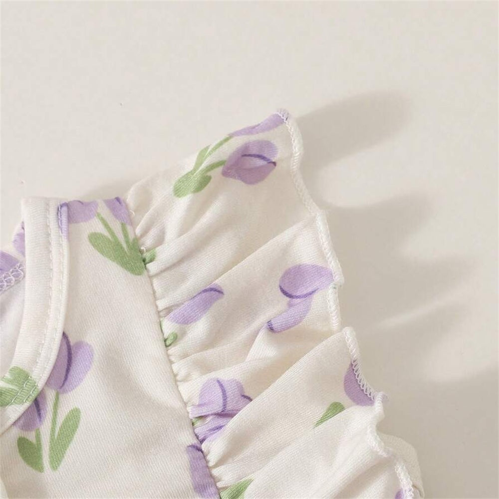2PCS Classy Floral Print Bow Flutter Sleeve Baby Jumpsuit