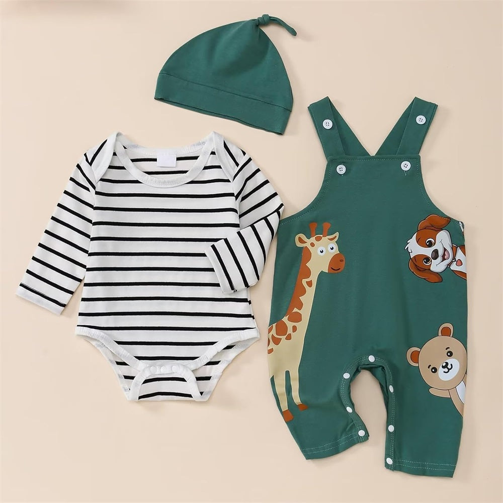 3PCS Trendy Animal Print Striped Long Sleeve Baby Set