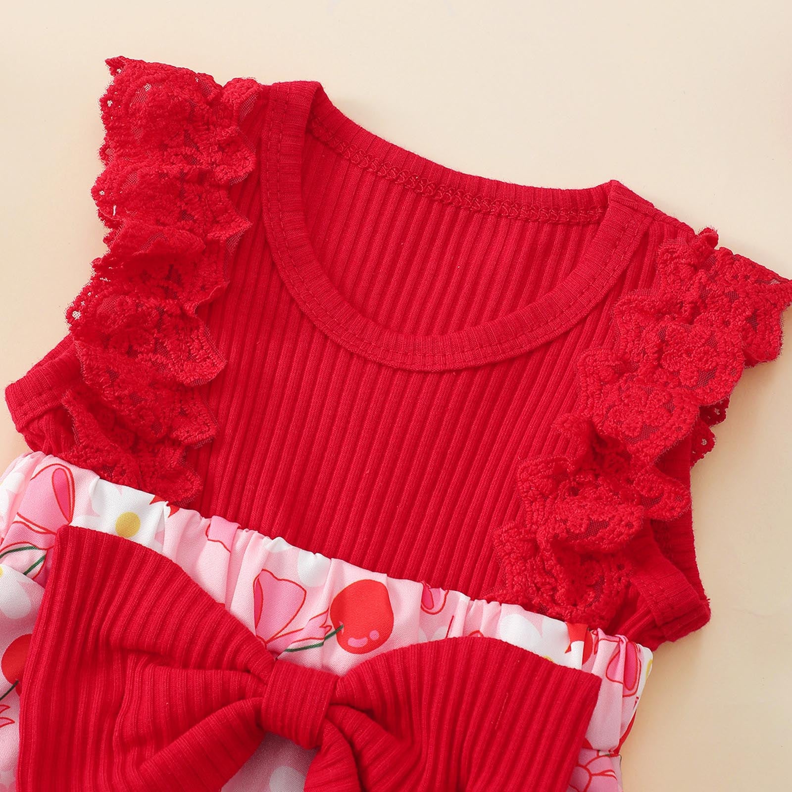 2PCS Cherry Bow Floral Printed Ruffled Sleeveless Baby Romper