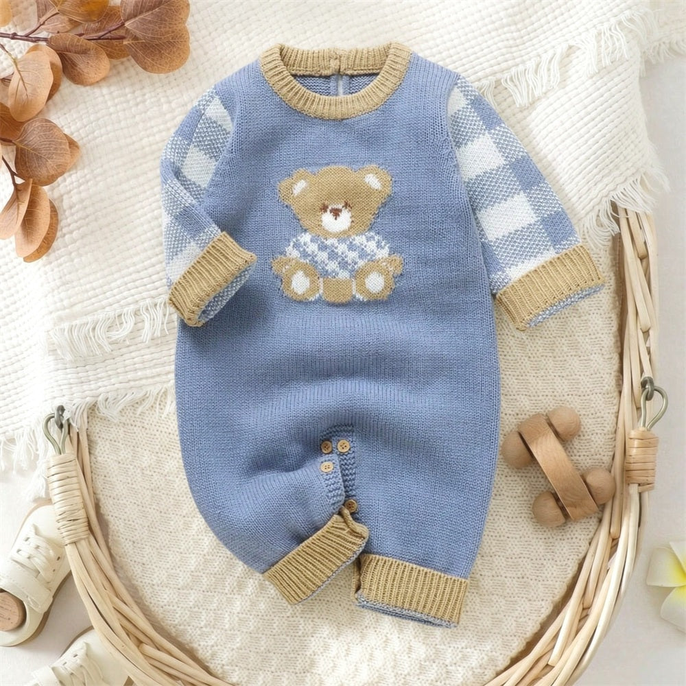 Knit Bear Plaid Printed Long Sleeve Baby Jumpsuit