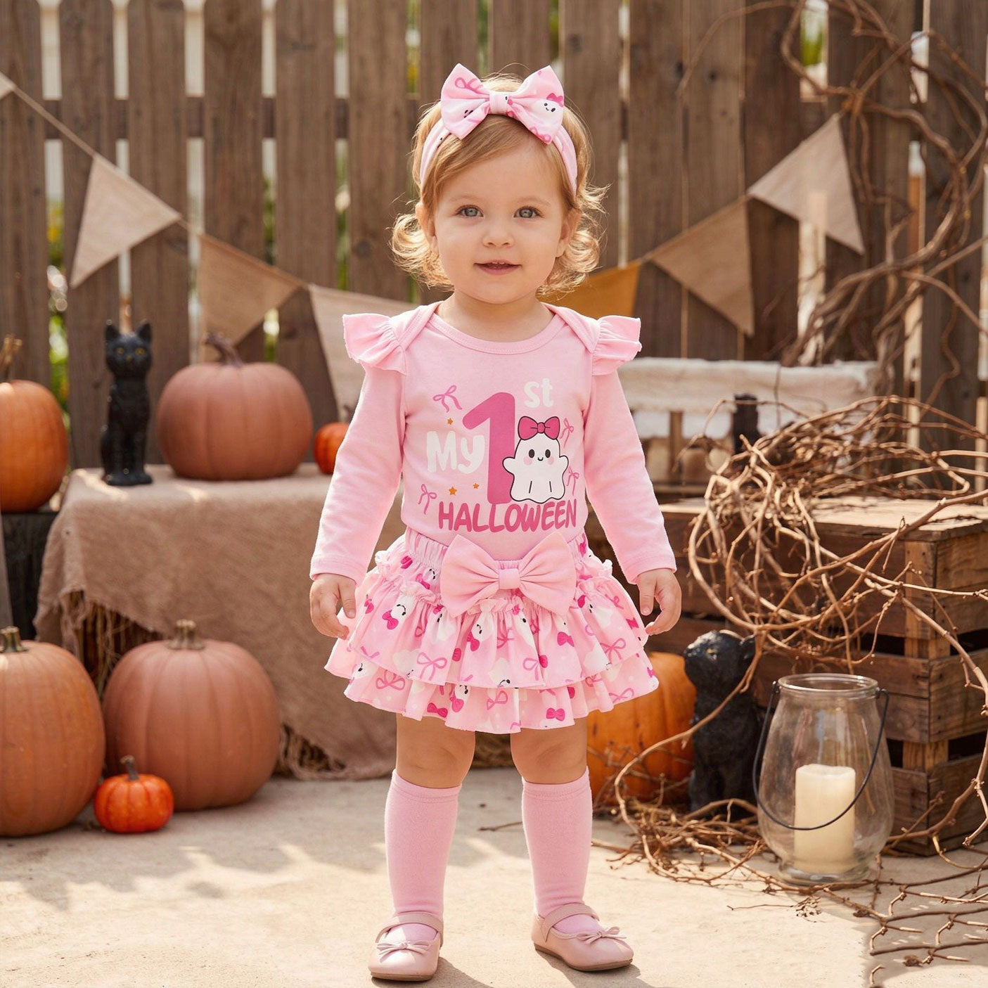 4PCS Sweet My 1st Halloween Letter Ghost and Bow Printed Baby Set