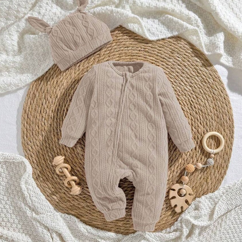 2PCS Lovely 3D Ear Decor Solid Color Knit Baby Jumpsuit