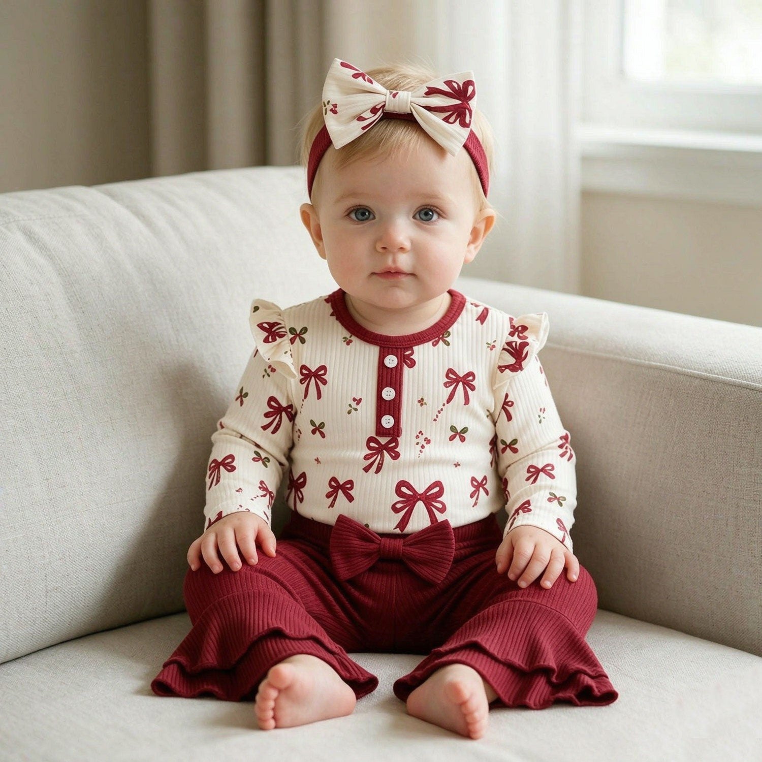 3PCS Grace Bow Printed Long Sleeve Baby Girl Set