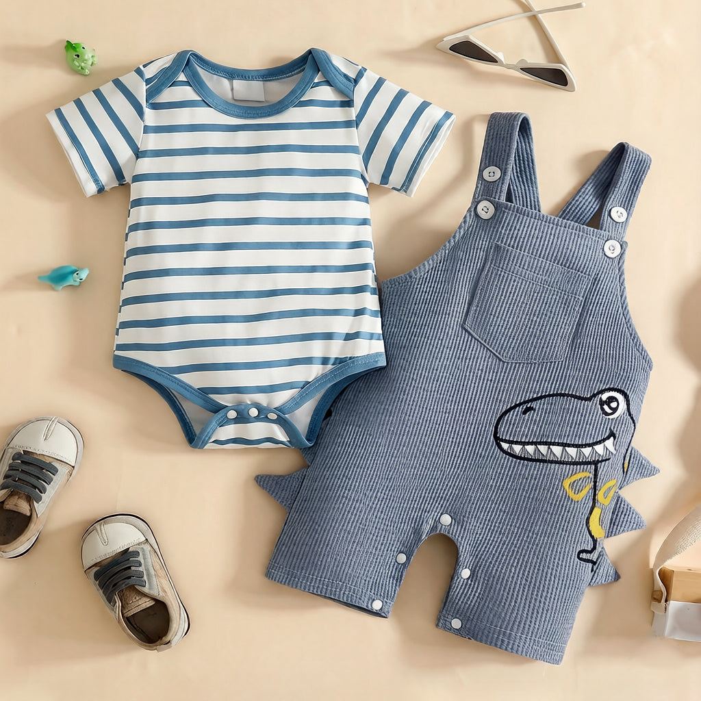 2PCS Dinosaur Stripe Printed Short Sleeve Baby Overalls Set