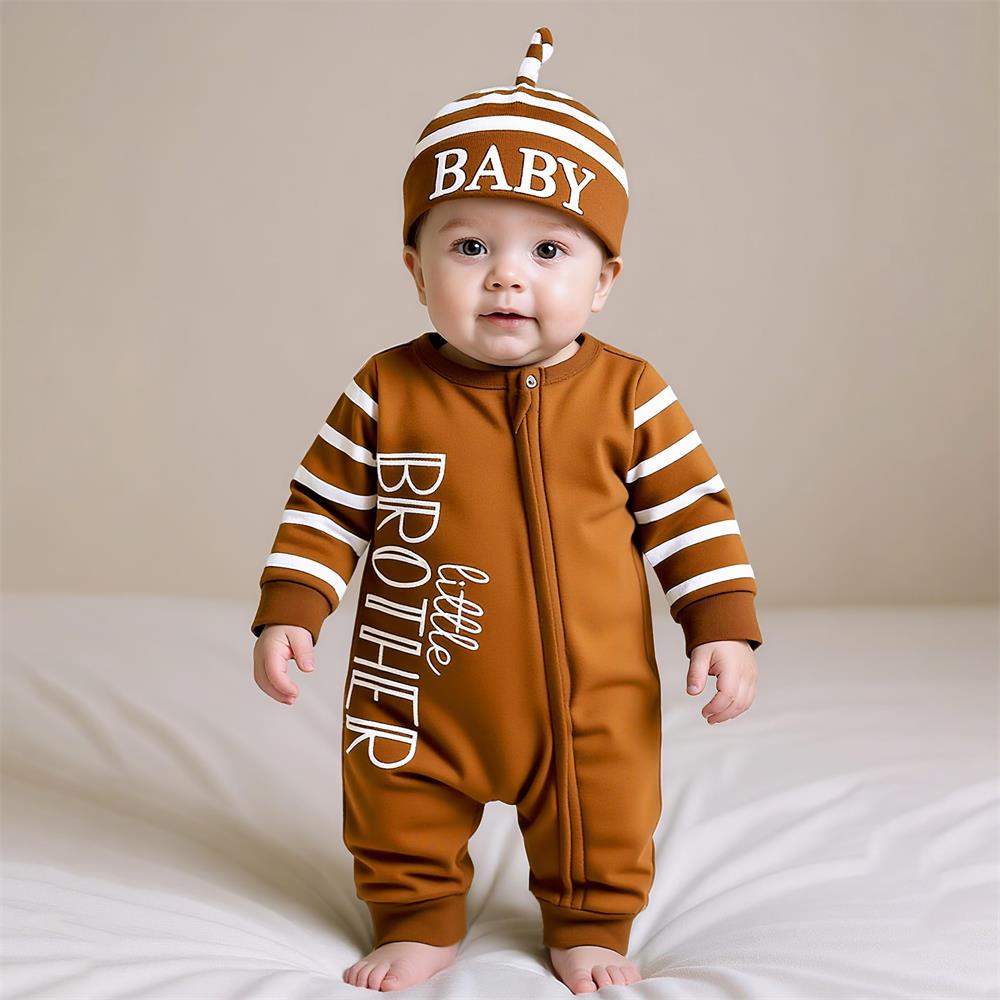 2PCS Little Brother Letter Print Long Sleeve Baby Jumpsuit