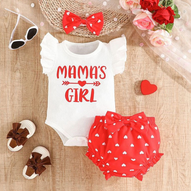 3PCS Mama's Girl Letter Heart Printed Flutter Sleeve Baby Set