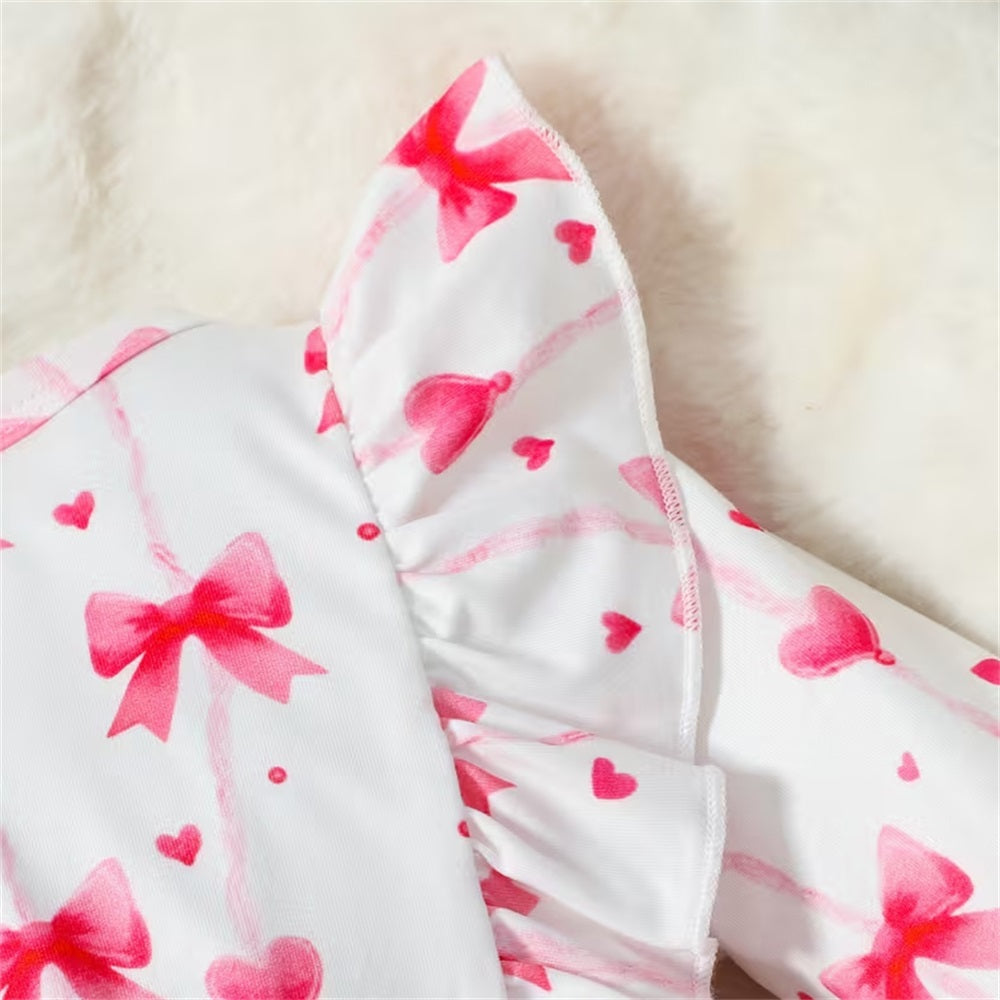 Fashion Bow Print Ruffle Trim Long Sleeve Baby Jumpsuit