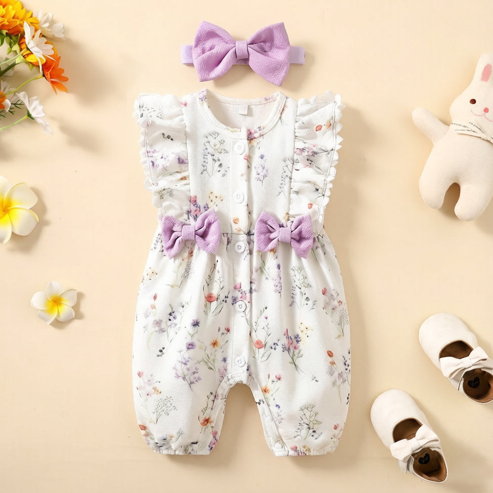 2PCS Floral Print Bow Flutter Sleeve Baby Jumpsuit