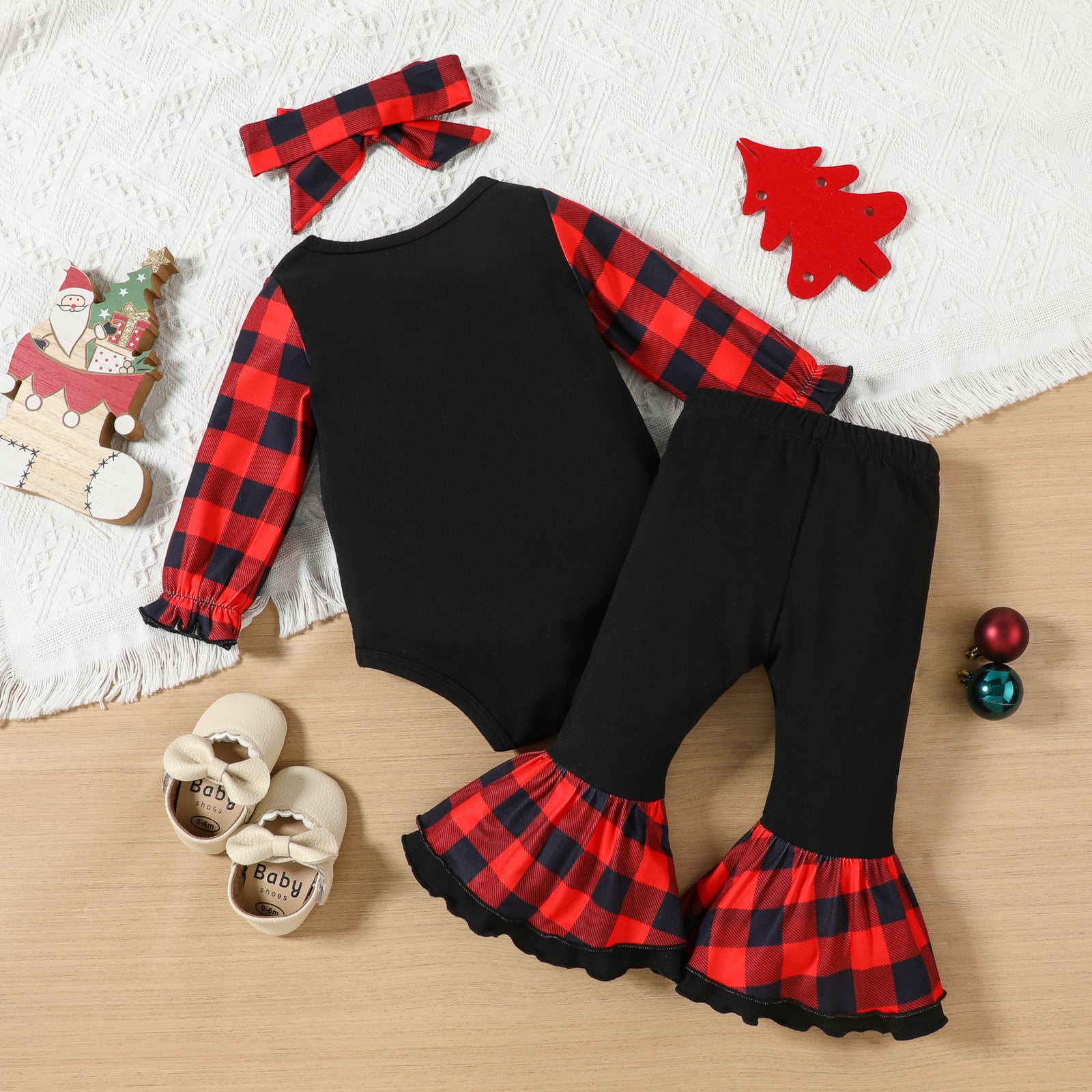 3PCS My First Christmas Letter Plaid Deer Printed Baby Set