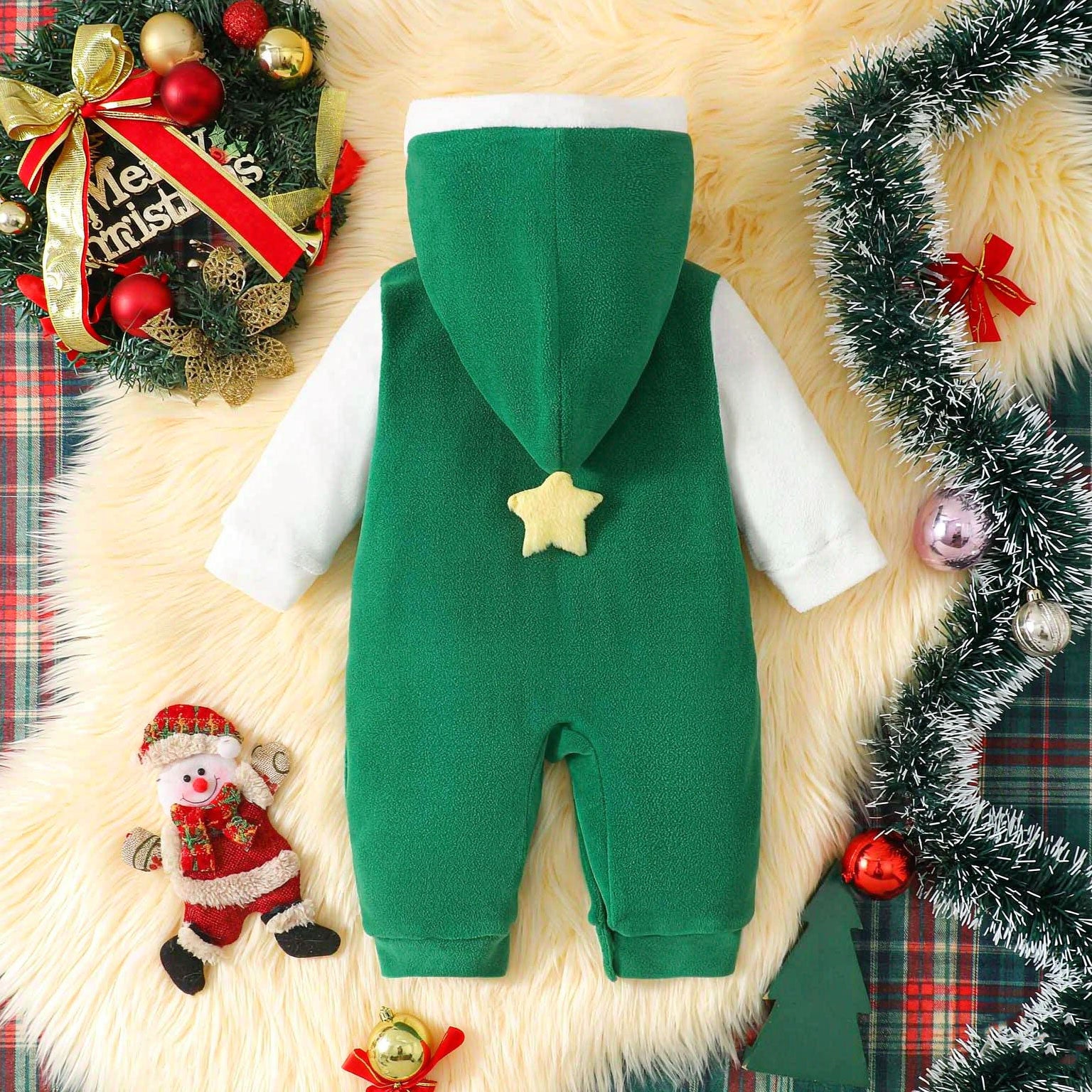 Cartoon Christmas Tree Fleece Long Sleeve Hooded Baby Jumpsuit