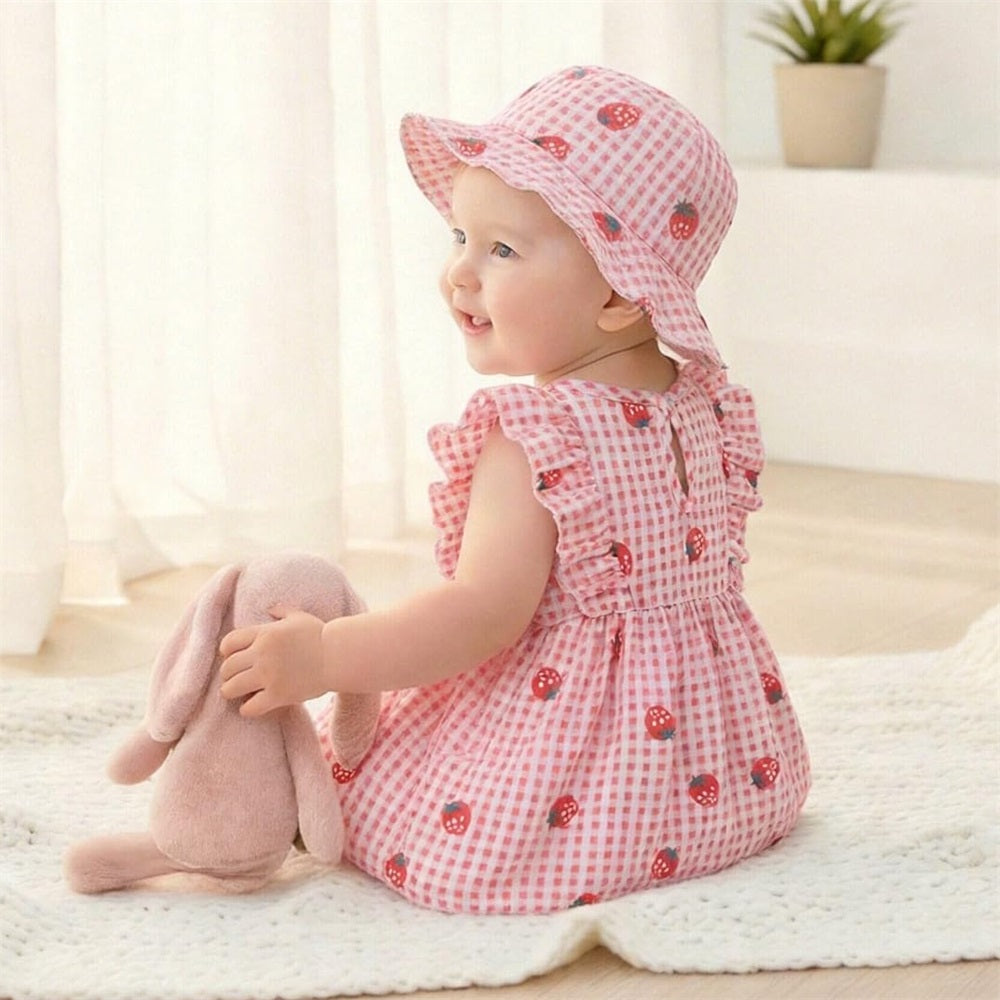 3PCS Summer Sweet Strawberry Printed Plaid Sleeveless Baby Set