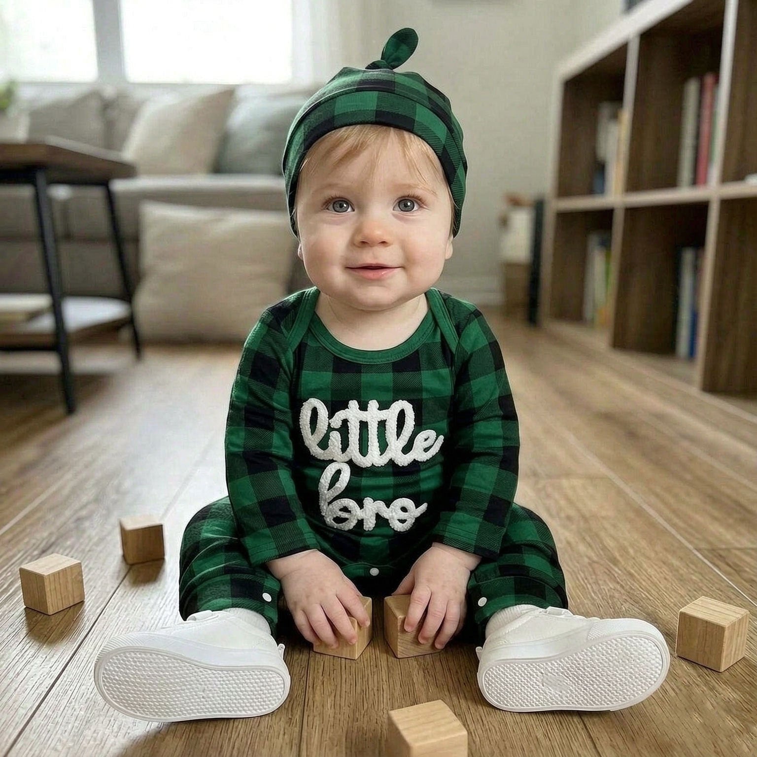 2PCS Little Bro Letter Plaid Printed Long Sleeve Baby Jumpsuit