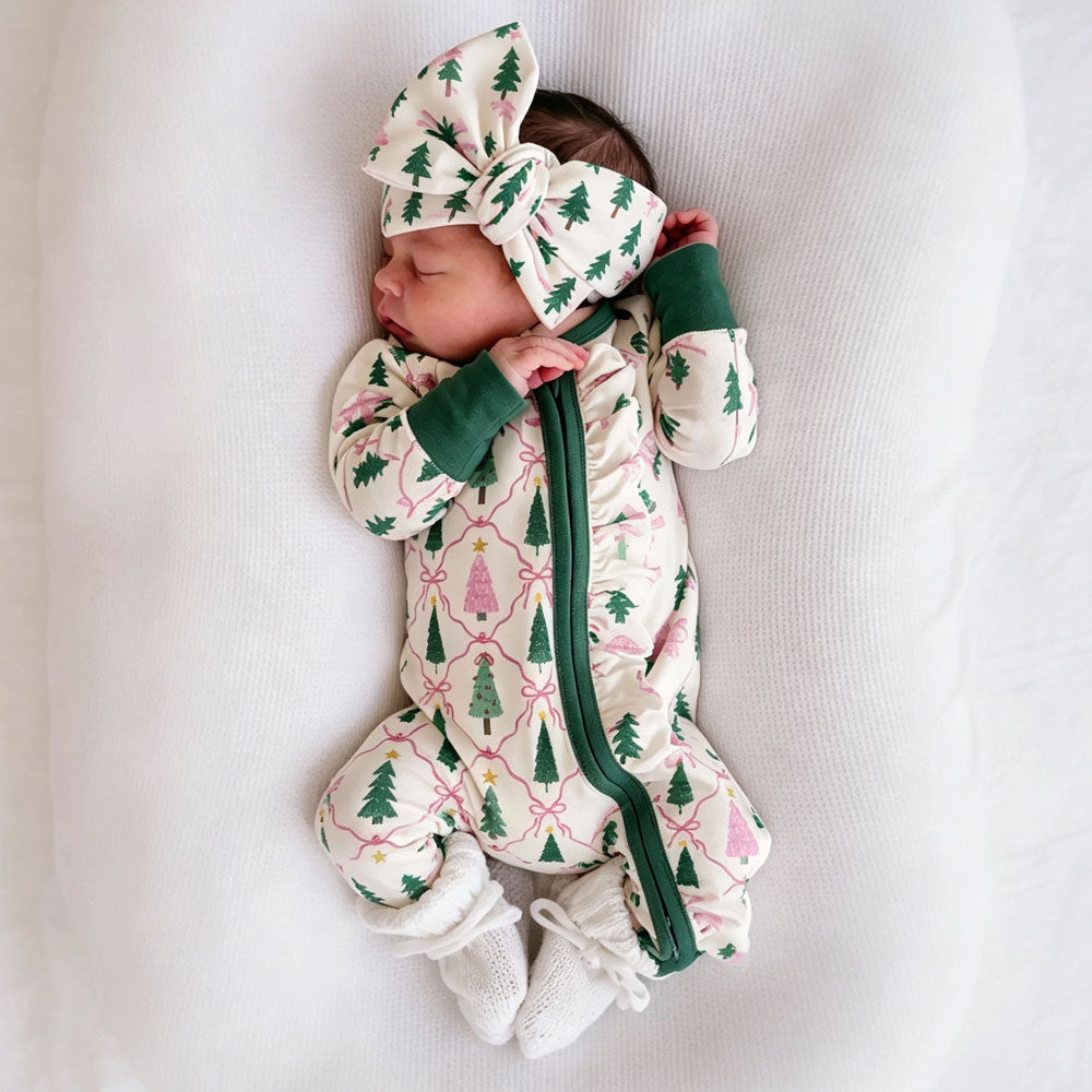 2PCS Lovely Christmas Tree & Bow Print Baby Girl Zipper Jumpsuit