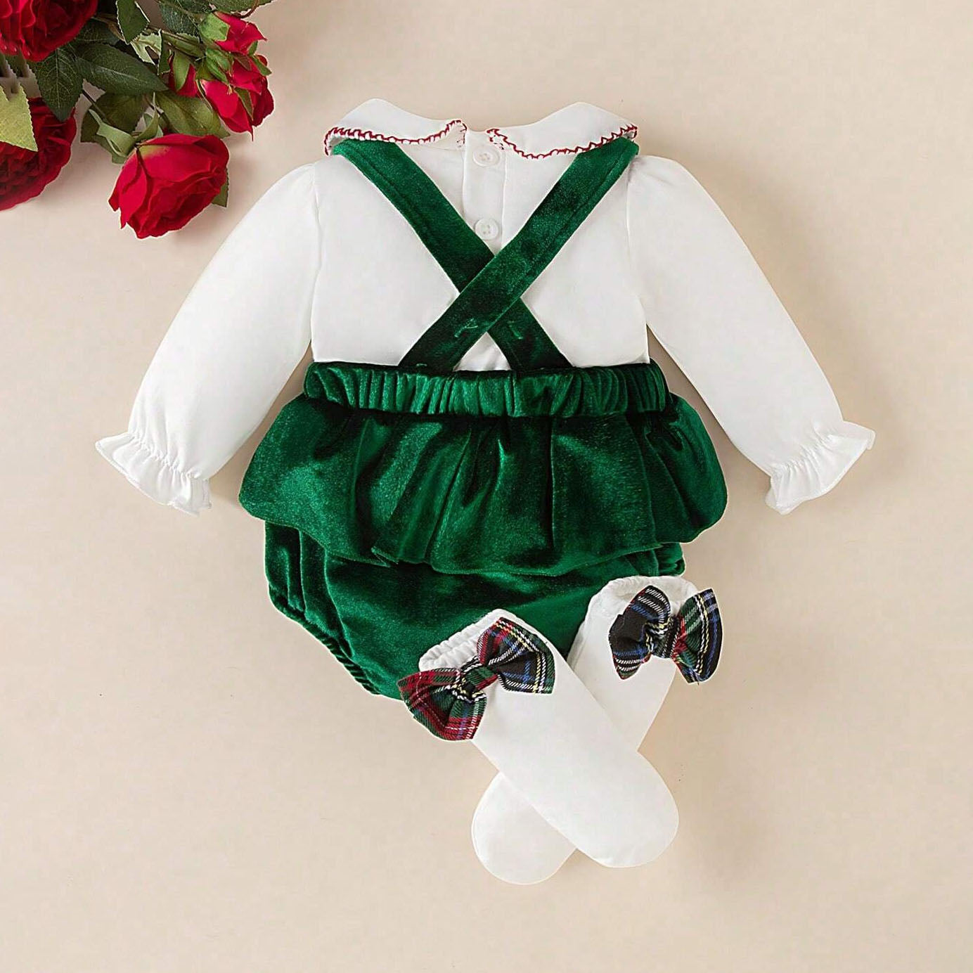 2PCS Christmas Solid Color Plaid Printed Velvet Baby Romper