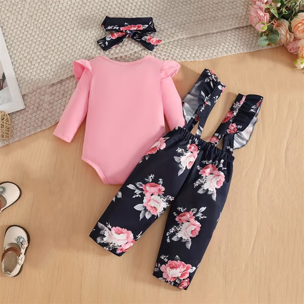 3PCS Floral Print Bow Decorate Long Sleeve Baby Overalls Set