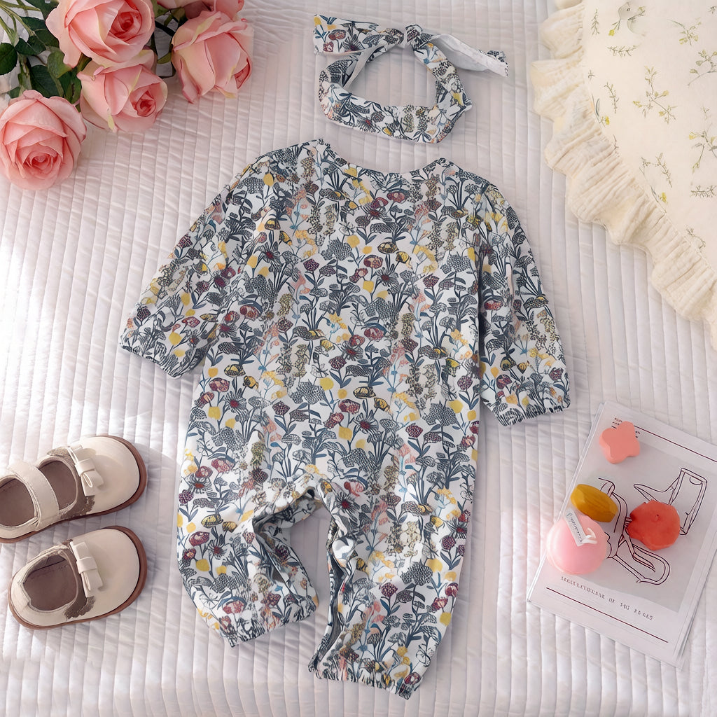 2PCS Cottagecore Floral Print Long Sleeve Baby Jumpsuit