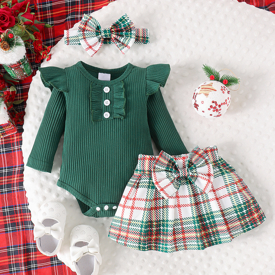 3PCS Stylish Plaid Printed Bow Long Sleeve Baby Set