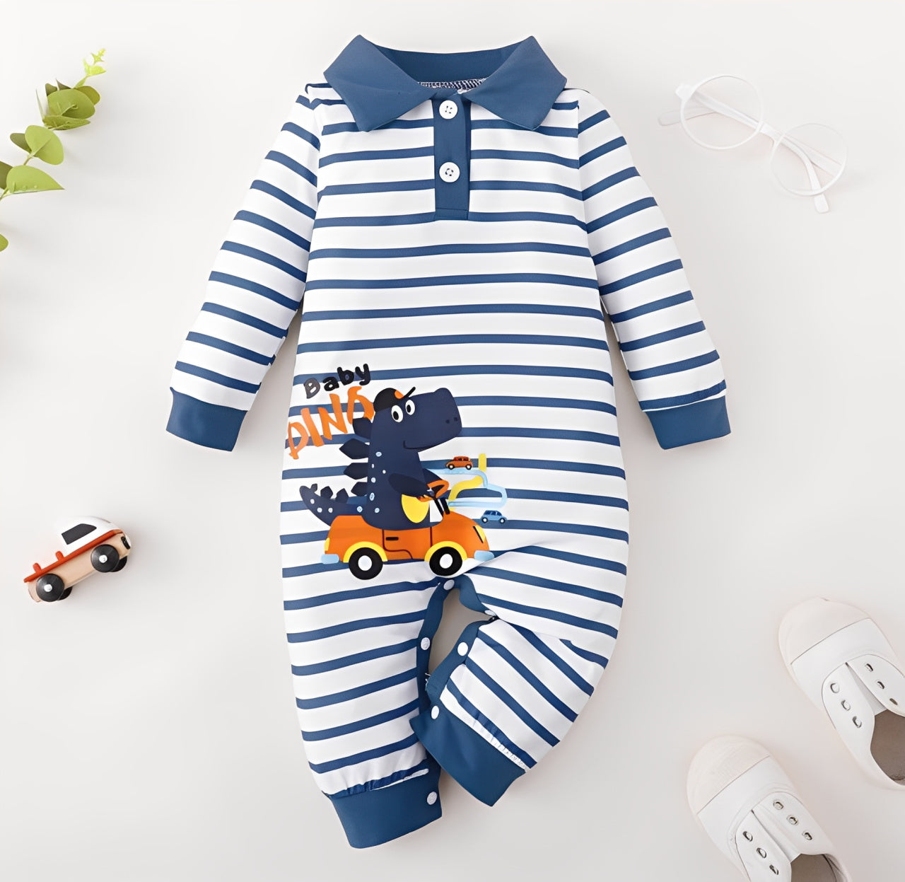 Cute Dinosaur Stripe Printed Long Sleeve Baby Jumpsuit