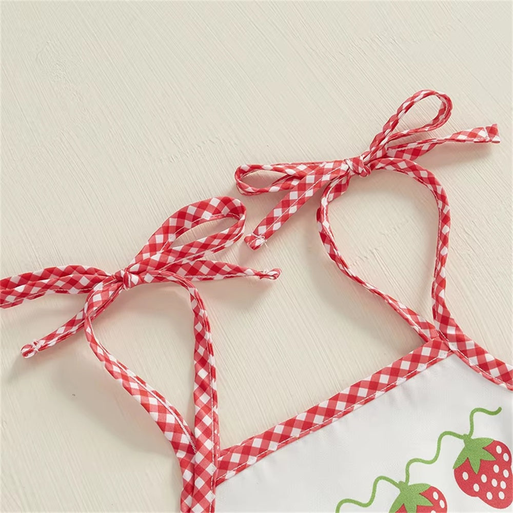 Lovely Plaid Strawberry Printed Sleeveless Baby Jumpsuit