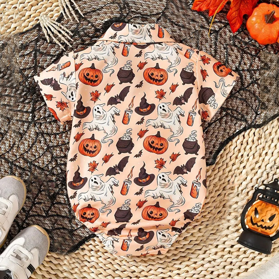 Cute Cartoon Halloween Pumpkin Printed Bow Short Sleeve Baby Romper