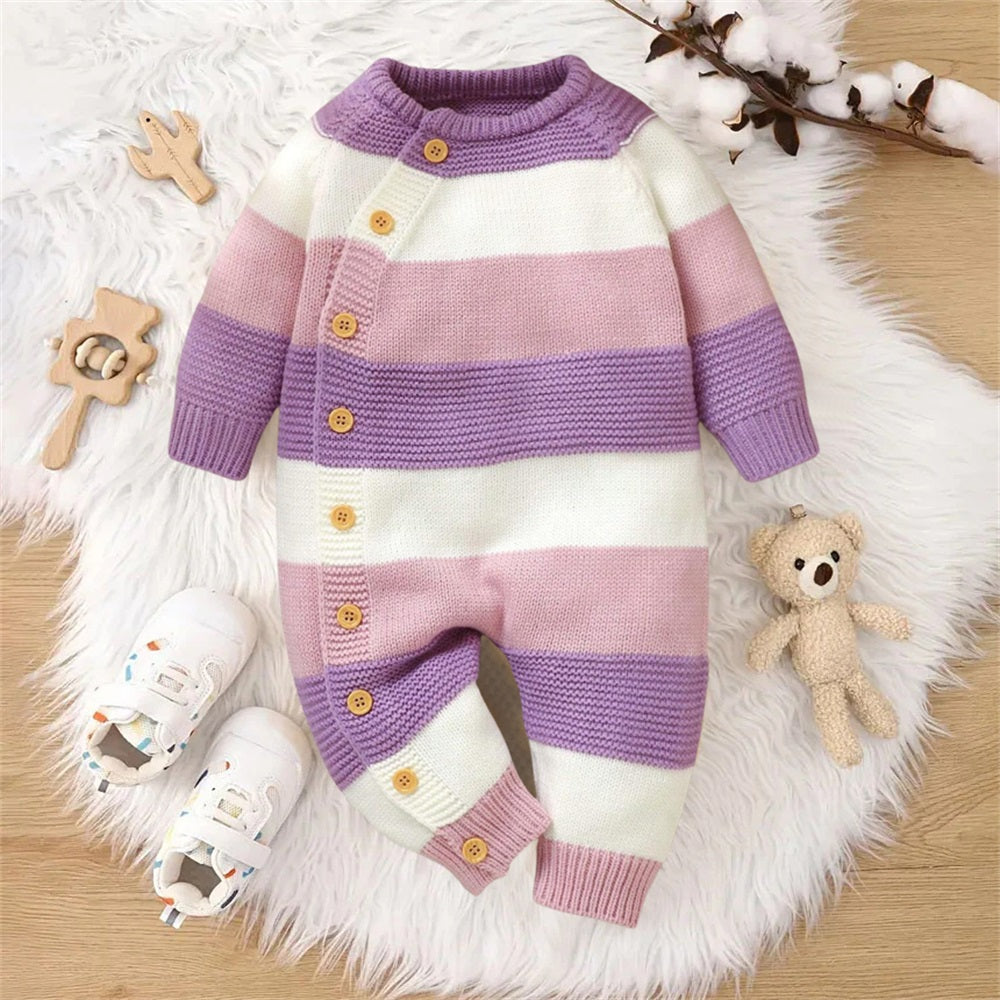Comfy Solid Color Patchwork Knit Sweater Baby Jumpsuit
