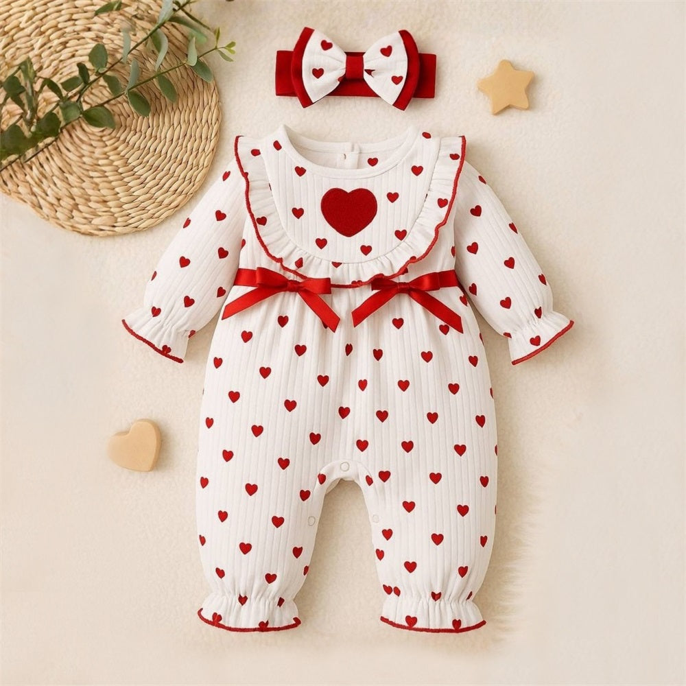 2PCS Cute Heart Print Long Sleeve Baby Jumpsuit