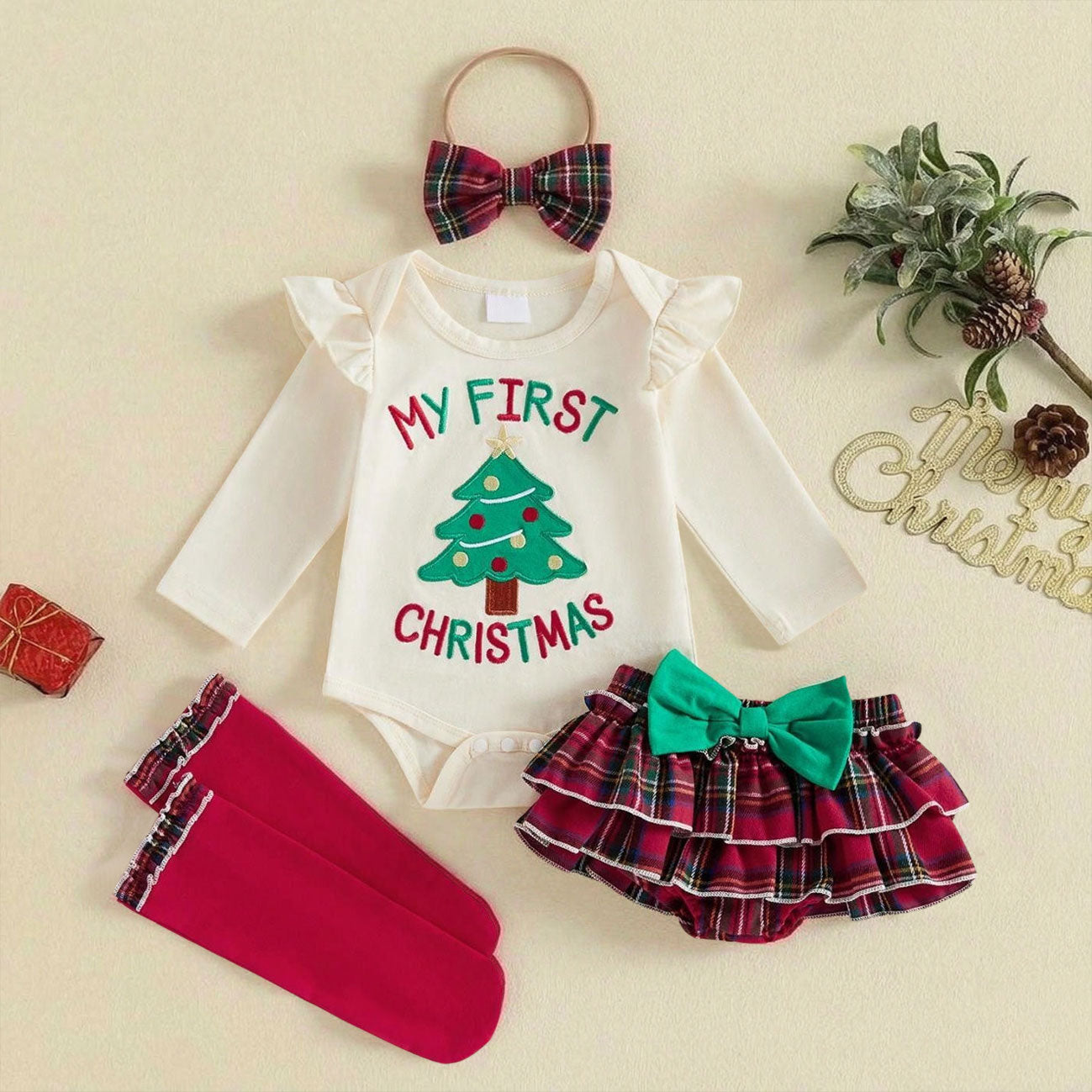 4 PCS My First Christmas Letter Tree Embroidered Plaid Print Baby Set