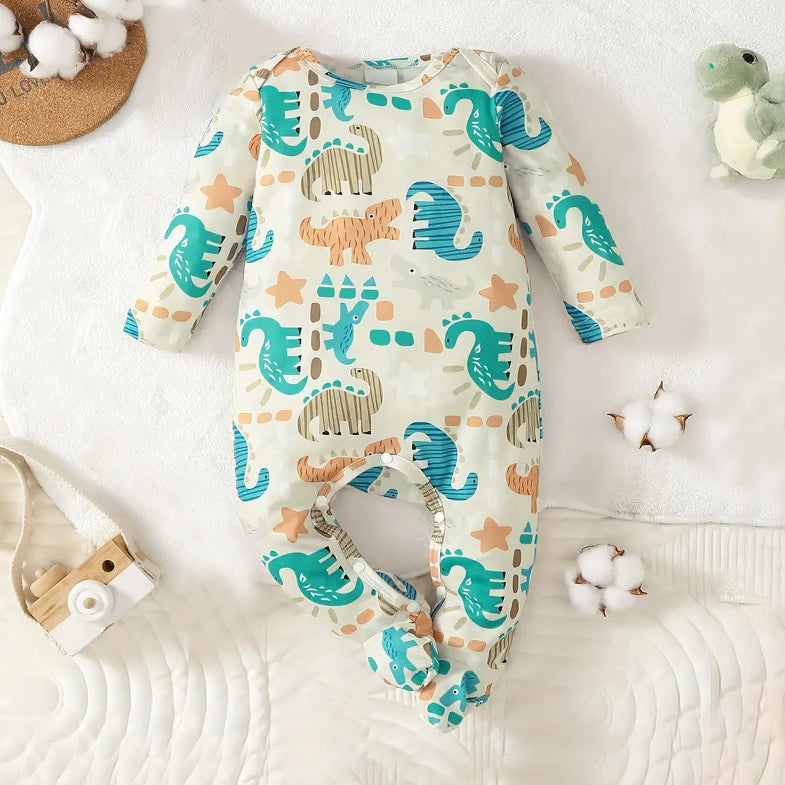 Casual Cartoon Dinosaur Printed Long Sleeve Baby Jumpsuit