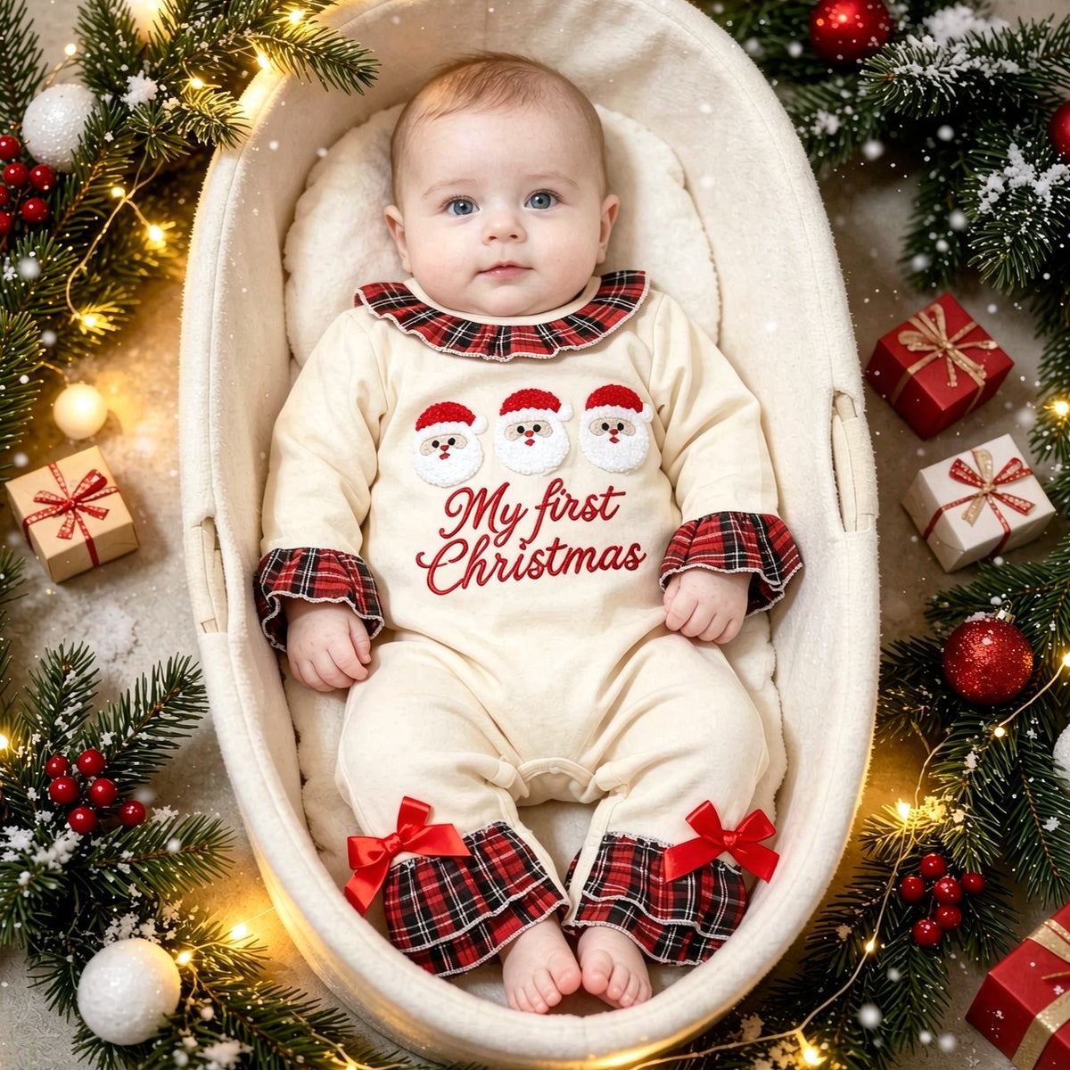 Baby Girl Letter Embroidery Santa Applique Plaid Print Long Sleeve Jumpsuit