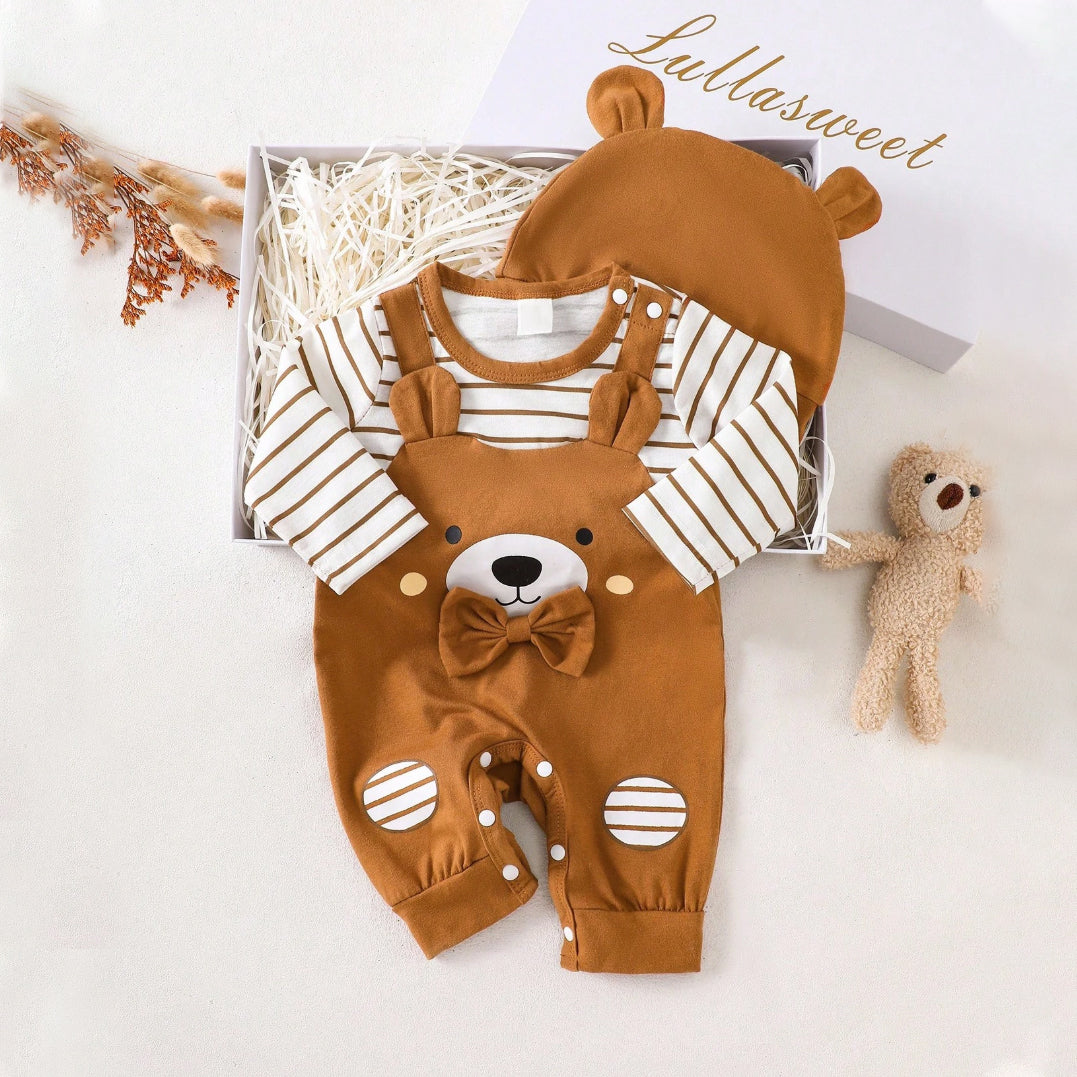 2PCS Cute Bear Stripe Printed Long Sleeve Baby Jumpsuit