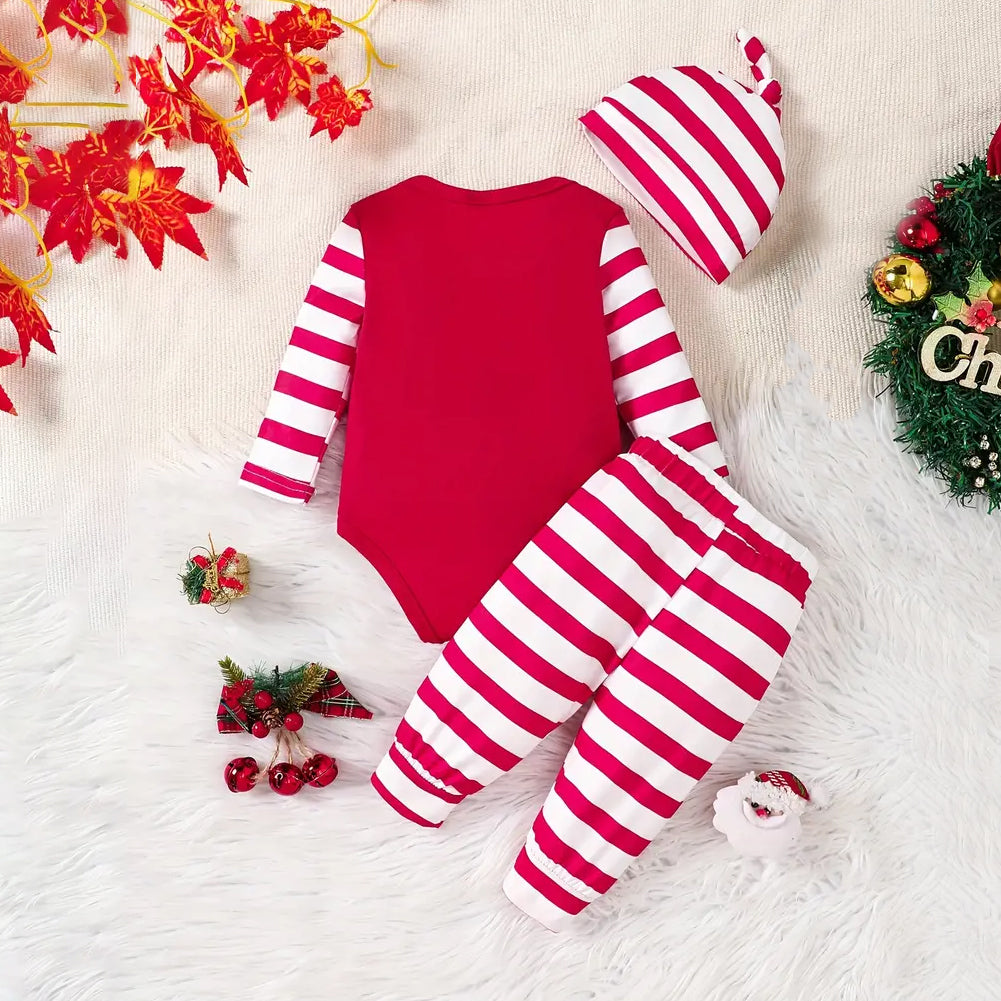 3PCS My 1st Christmas Letter Stripe Printed Long Sleeve Baby Set