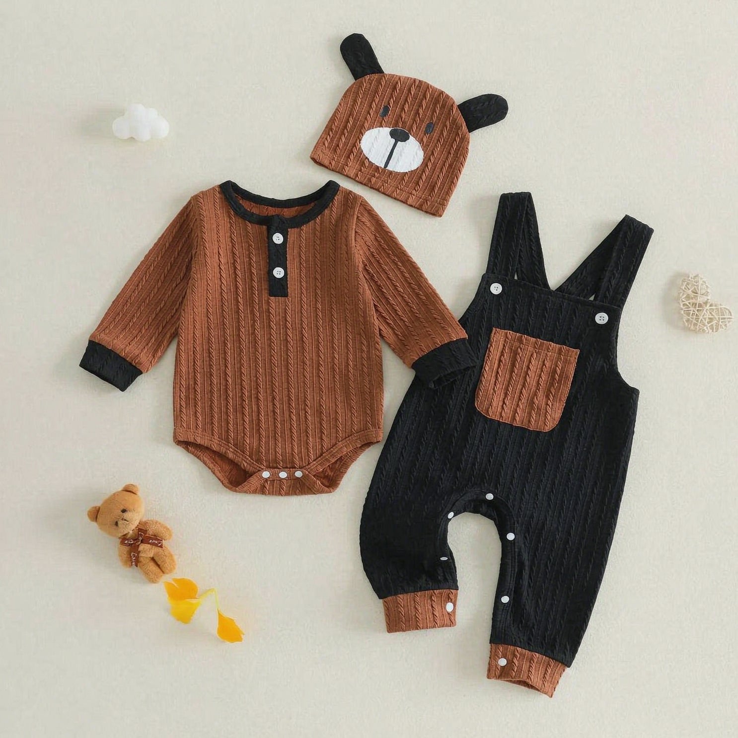3PCS Cute Bear Print Long Sleeve Baby Overalls Set