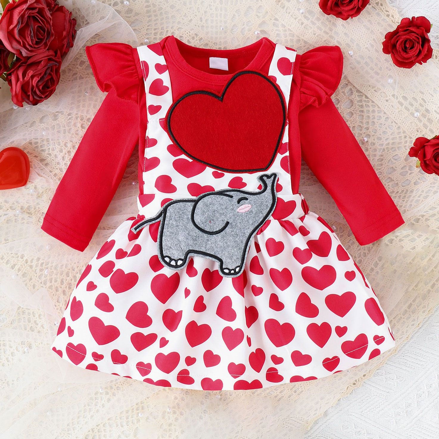 Cute Elephant Appliqué Heart Printed Long Sleeve Baby Dress