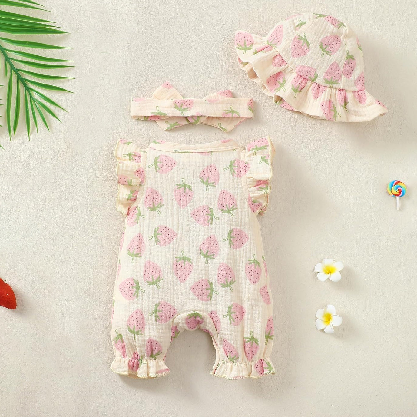 3PCS Strawberry Printed Sleeveless Baby Jumpsuit