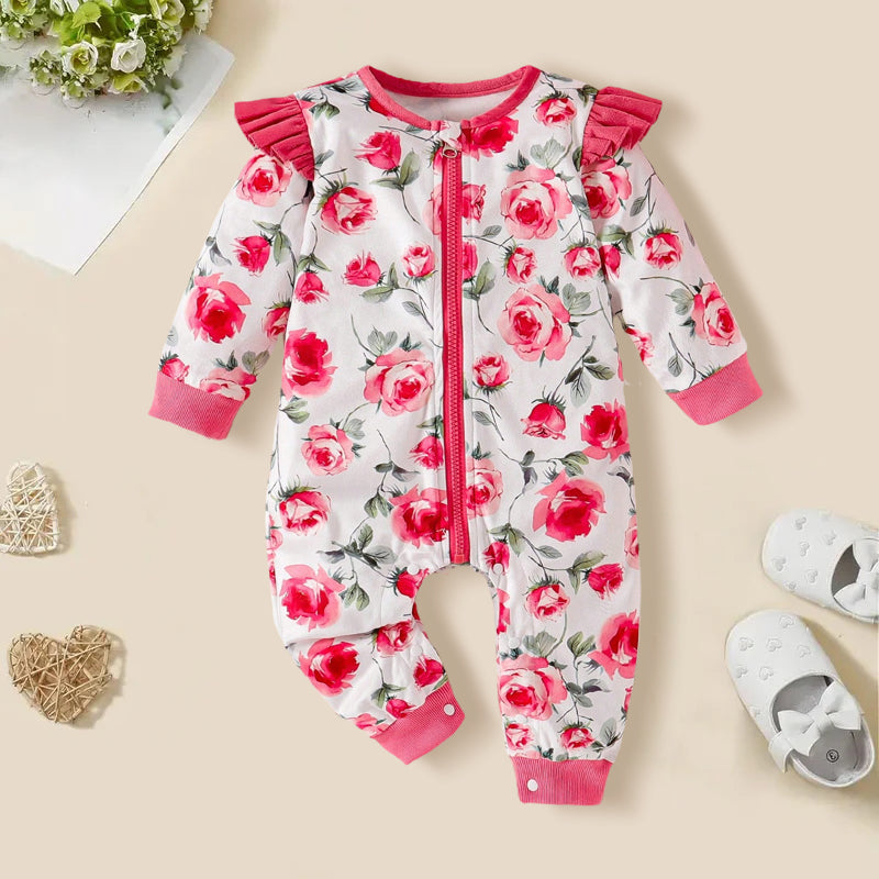 Elegant Floral Printed Long Sleeve Zipper Baby Jumpsuit