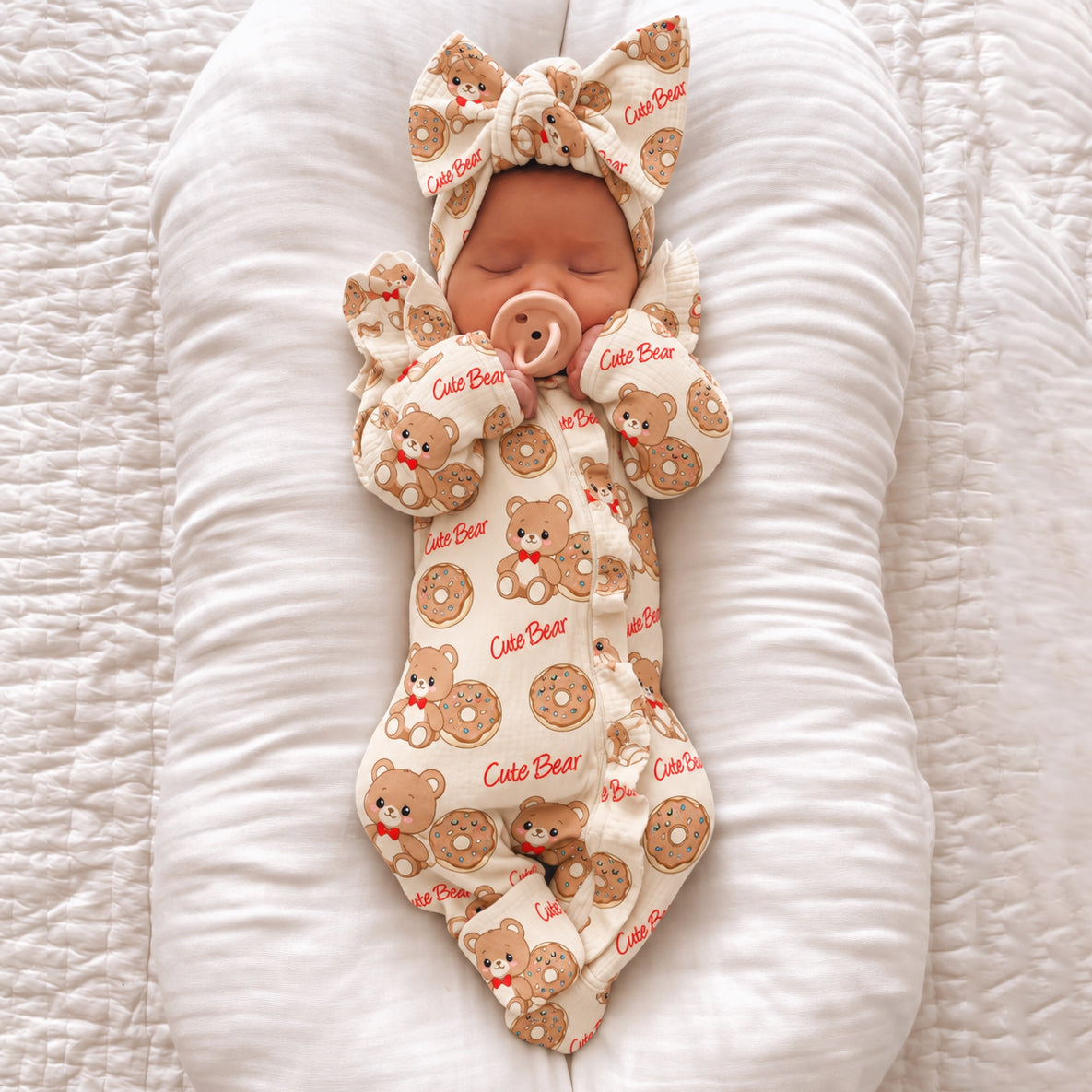 2PCS Cute Letter and Teddy Bear Donut Print Zipper Baby Jumpsuit