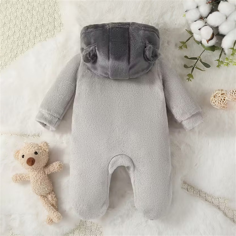 Warm Plush Bear Print Long Sleeve Baby Hooded Jumpsuit