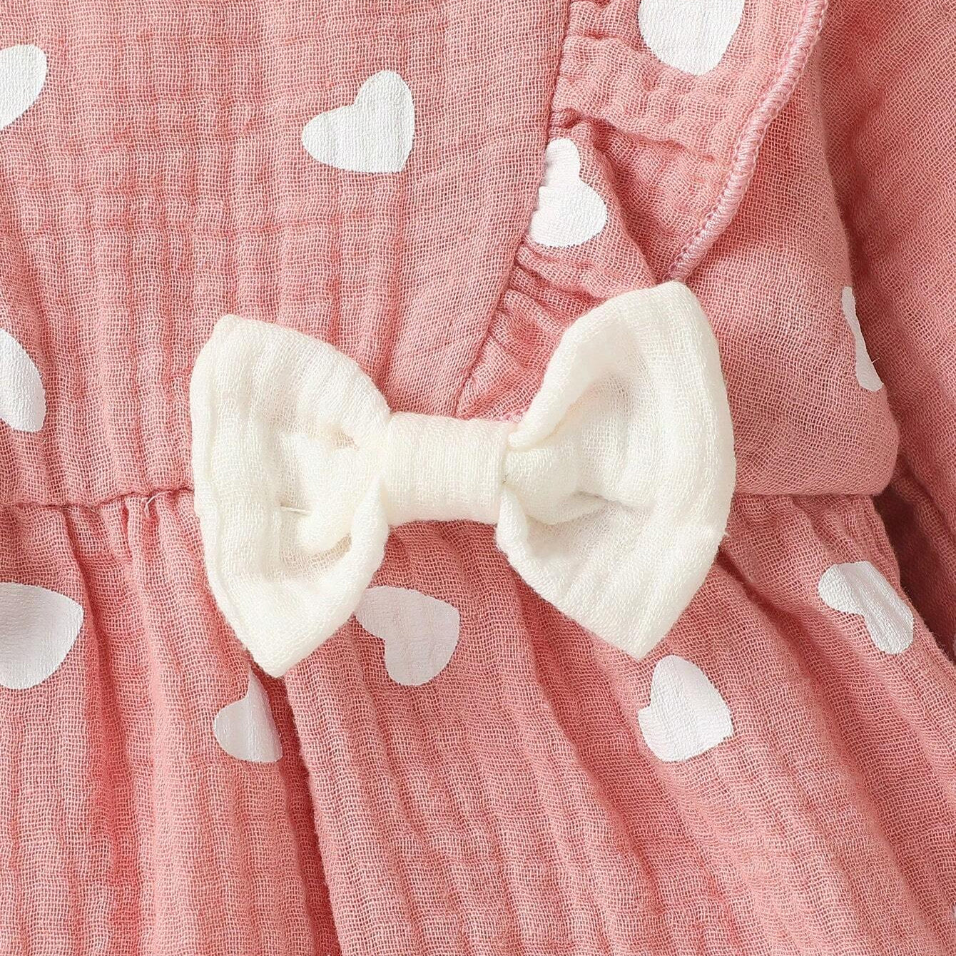 2PCS Heart Printed Bowknot Decor Long Sleeve Baby Jumpsuit