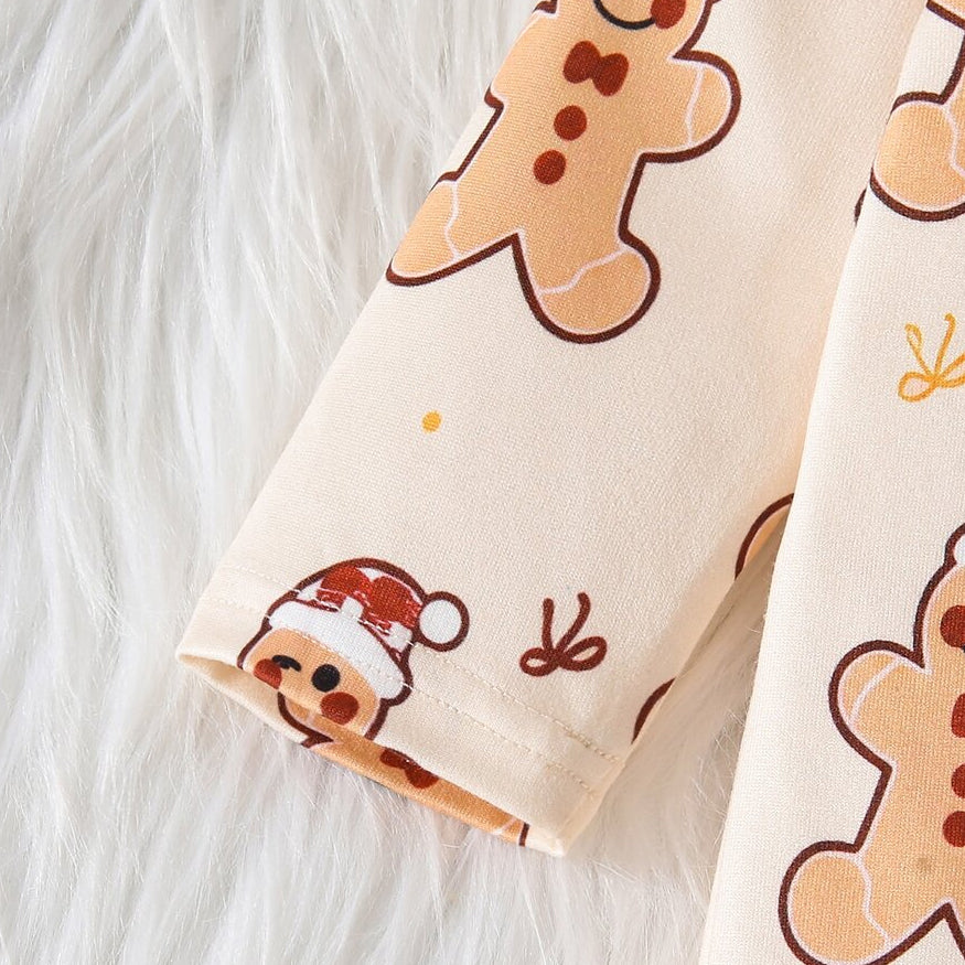 2PCS Lovely Gingerbread Man Bow Printed Long Sleeve Zipper Baby Jumpsuit